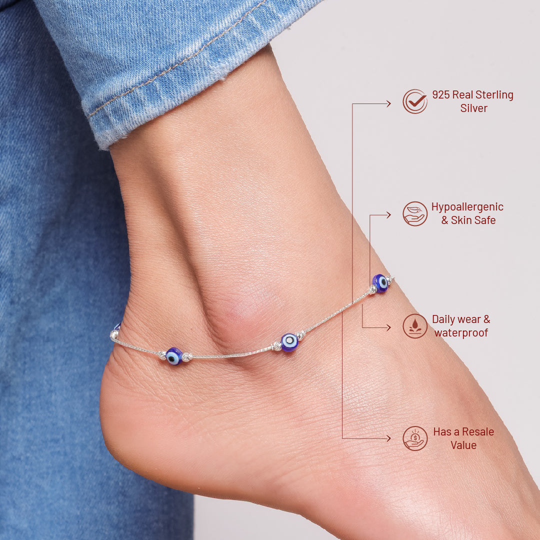 Sleek Sterling Silver Evil Eye Nazariya Anklet