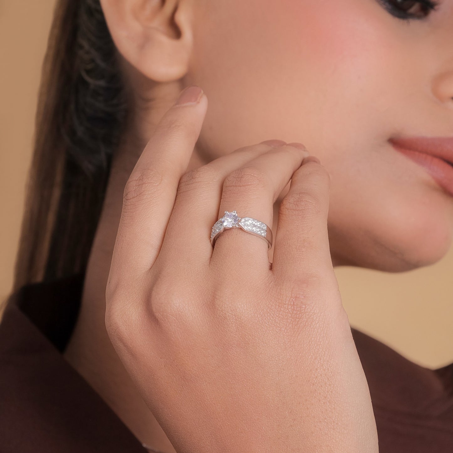 Shining Solitaire Silver Crystal Ring