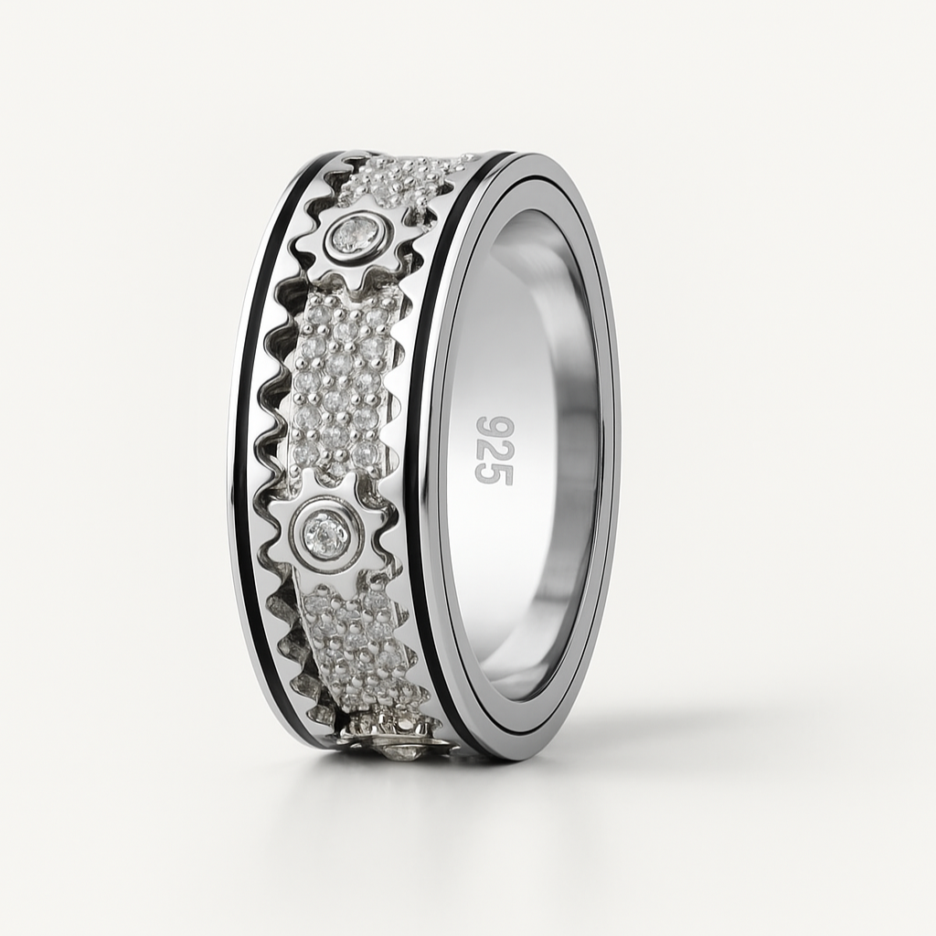 IronCore Movable Gear 925 Sterling Silver Mens Ring (Stress Reliever)