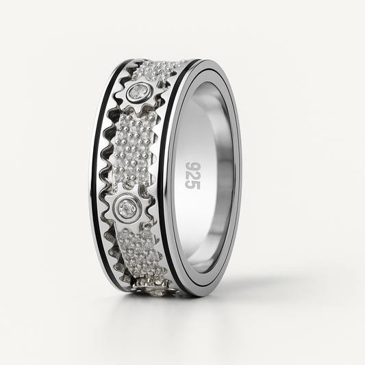 IronCore Movable Gear 925 Sterling Silver Mens Ring (Stress Reliever)