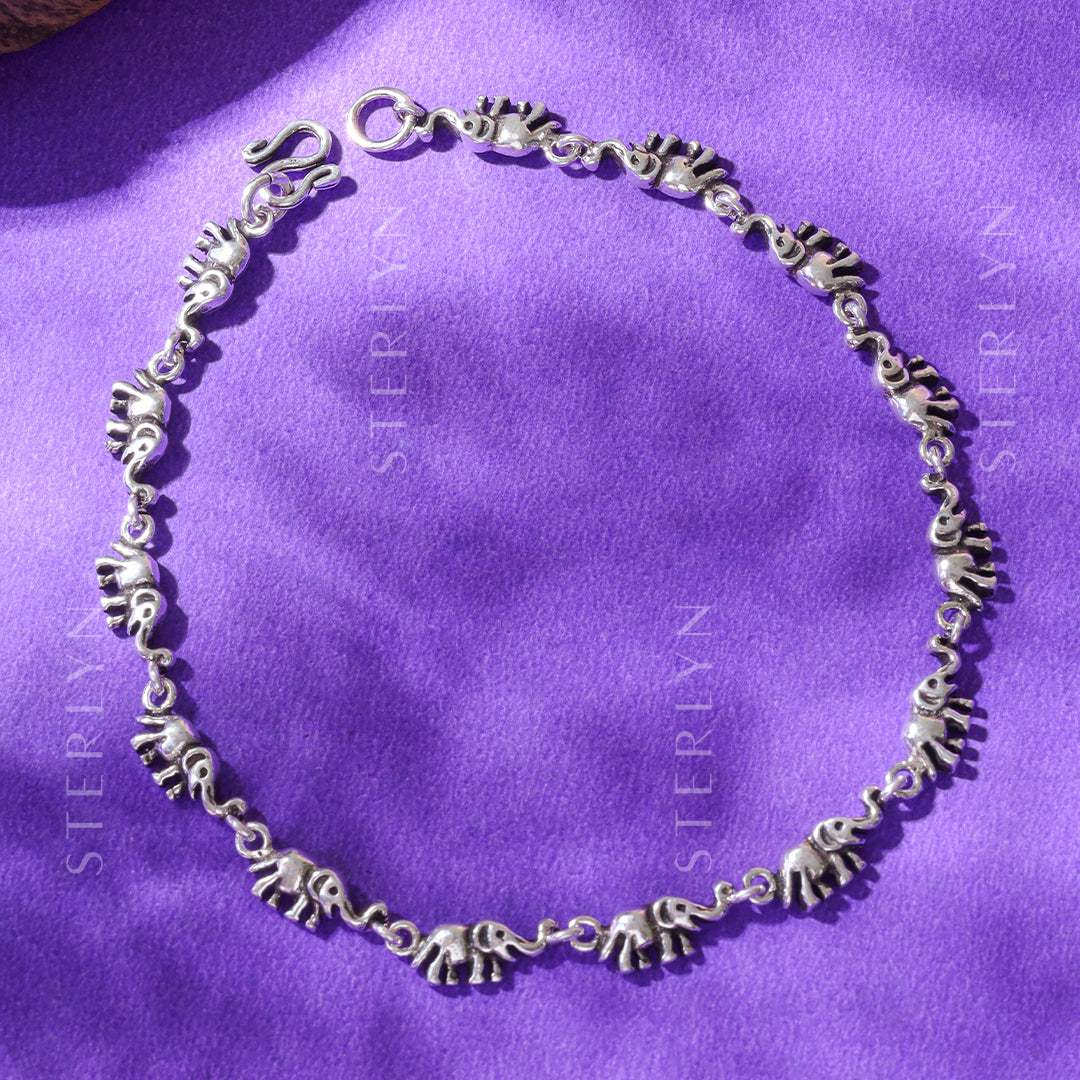Royal Elephants 925 Silver Anklet